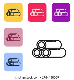 Black line Industry metallic pipe icon isolated on white background. Plumbing pipeline parts of different shapes. Set icons in color square buttons. Vector Illustration