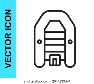 Black line Inflatable boat with outboard motor icon isolated on white background.  Vector