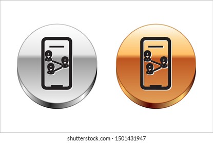 Black line Infographic of city map navigation icon isolated on white background. Mobile App Interface concept design. Geolacation concept. Silver-gold circle button. Vector Illustration