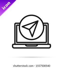 Black line Infographic of city map navigation icon isolated on white background. Laptop App Interface concept design. Geolacation concept.  Vector Illustration
