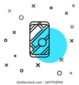 Línea negra Infografía del icono de navegación del mapa de la ciudad aislado en fondo blanco. Diseño de concepto de Interfaz de aplicación móvil. Concepto de geolacación. Formas dinámicas aleatorias. Ilustración vectorial