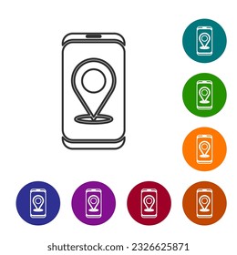 Black line Infographic of city map navigation icon isolated on white background. Mobile App Interface concept design. Geolacation concept. Set icons in color circle buttons. Vector Illustration