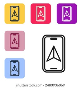 Black line Infographic of city map navigation icon isolated on white background. Mobile App Interface concept design. Geolacation concept. Set icons in color square buttons. Vector