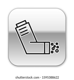 Black line Inhaler icon isolated on white background. Breather for cough relief, inhalation, allergic patient. Medical allergy asthma inhaler spray. Silver square button. Vector Illustration