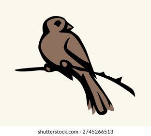 Black line Ink pen hand drawn cute tiny fly zoo tomtit wing tail beak pet retro art outline contour
logo emblem print style. Closeup view old flight plume tree bush eat meal food light sky text
space