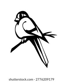 Black line Ink pen hand drawn cute tiny fly zoo tomtit wing tail beak pet retro art outline contour logo emblem print retro style. Closeup view old flight plume tree eat meal food light sky text space