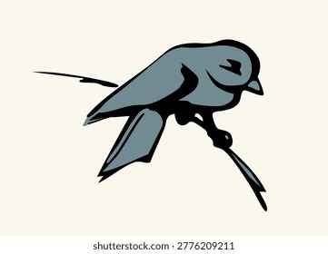 Black line Ink pen hand drawn cute tiny fly zoo tomtit wing tail beak pet picture retro art pencil contour logo emblem print retro style. Closeup view old flight plume titmic meal light sky text space