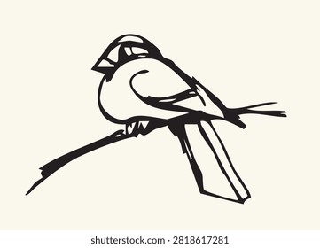 Black line Ink pen hand drawn cute tiny fly zoo tomtit wing tail beak pet retro art outline contour
logo emblem print style. Closeup view old flight plume tree bush eat meal food light sky text
space