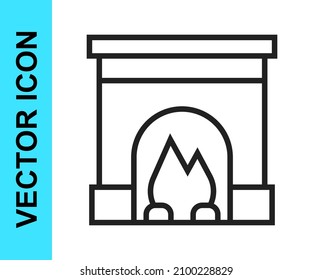 Icono de la chimenea interior de línea negra aislado en fondo blanco.  Vector