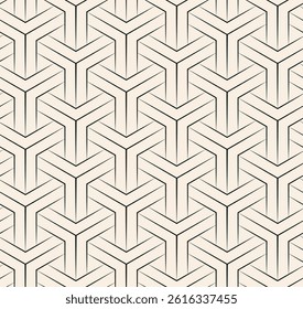 Black line interwined hexagons seamless pattern on beige background. Repeating beige pattern.