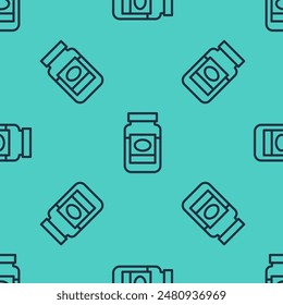 Black line Jam jar icon isolated seamless pattern on green background.  Vector