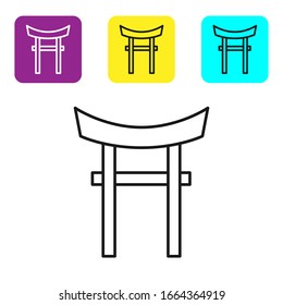 Black line Japan Gate icon isolated on white background. Torii gate sign. Japanese traditional classic gate symbol. Set icons colorful square buttons. Vector Illustration