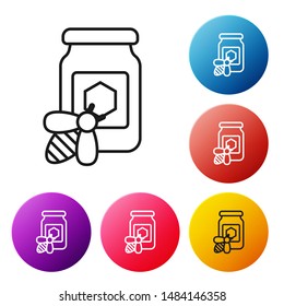 Black line Jar of honey with bee icon on white background. Sweet natural food in bank. Honeybee or apis with wings symbol. Flying insect. Set icons colorful circle buttons. Vector Illustration