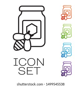 Black line Jar of honey with bee icon isolated on white background. Sweet natural food in bank. Honeybee or apis with wings symbol. Flying insect. Set icons colorful. Vector Illustration