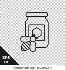 Black line Jar of honey with bee icon isolated on transparent background. Sweet natural food in bank. Honeybee or apis with wings symbol. Flying insect.  Vector Illustration