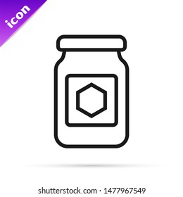 Black line Jar of honey icon isolated on white background. Food bank. Sweet natural food symbol.  Vector Illustration