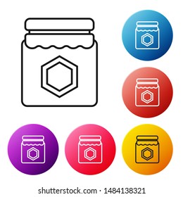 Black line Jar of honey icon isolated on white background. Food bank. Sweet natural food symbol. Set icons colorful circle buttons. Vector Illustration