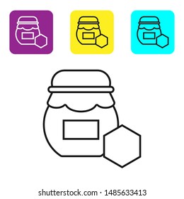 Black line Jar of honey icon isolated on white background. Food bank. Sweet natural food symbol. Set icons colorful square buttons. Vector Illustration