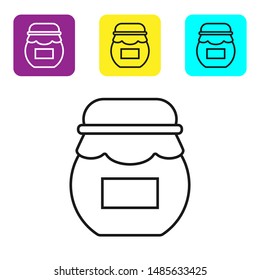 Black line Jar of honey icon isolated on white background. Food bank. Sweet natural food symbol. Set icons colorful square buttons. Vector Illustration