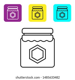 Black line Jar of honey icon isolated on white background. Food bank. Sweet natural food symbol. Set icons colorful square buttons. Vector Illustration