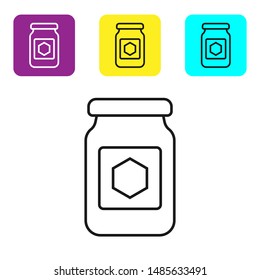 Black line Jar of honey icon isolated on white background. Food bank. Sweet natural food symbol. Set icons colorful square buttons. Vector Illustration