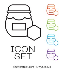 Black line Jar of honey icon isolated on white background. Food bank. Sweet natural food symbol. Set icons colorful. Vector Illustration