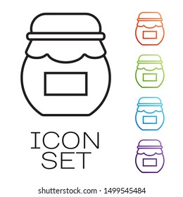 Black line Jar of honey icon isolated on white background. Food bank. Sweet natural food symbol. Set icons colorful. Vector Illustration