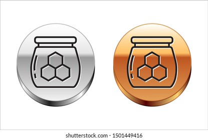 Black line Jar of honey icon isolated on white background. Food bank. Sweet natural food symbol. Silver-gold circle button. Vector Illustration