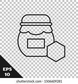 Black line Jar of honey icon isolated on transparent background. Food bank. Sweet natural food symbol.  Vector Illustration
