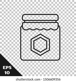 Black line Jar of honey icon isolated on transparent background. Food bank. Sweet natural food symbol.  Vector Illustration