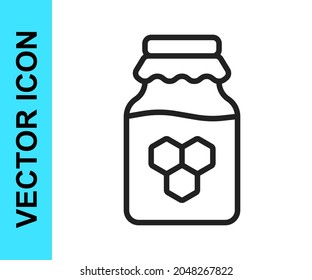 Black line Jar of honey icon isolated on white background. Food bank. Sweet natural food symbol.  Vector