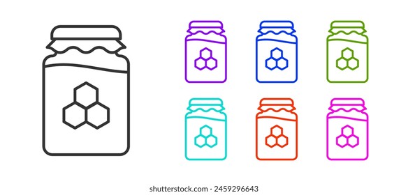 Black line Jar of honey icon isolated on white background. Food bank. Sweet natural food symbol. Set icons colorful. Vector