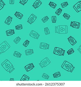 Black line Jar of honey icon isolated seamless pattern on green background. Food bank. Sweet natural food symbol.  Vector