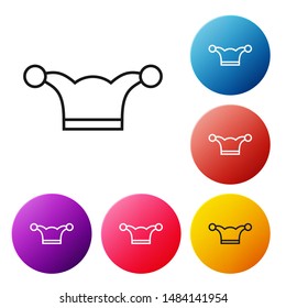 Black line Jester hat with bells isolated on white background. Clown icon. Amusement park funnyman sign. Set icons colorful circle buttons. Vector Illustration