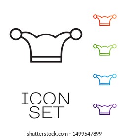 Black line Jester hat with bells isolated on white background. Clown icon. Amusement park funnyman sign. Set icons colorful. Vector Illustration