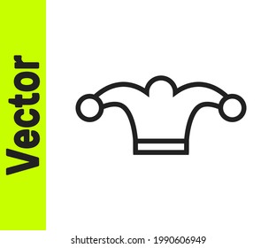 Black line Jester hat with bells isolated on white background. Clown icon. Amusement park funnyman sign.  Vector