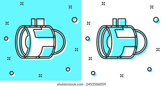 Black line Jet engine turbine icon isolated on green and white background. Plane turbine. Airplane equipment. Jet propeller. Aviation service. Motor running. Random dynamic shapes. Vector