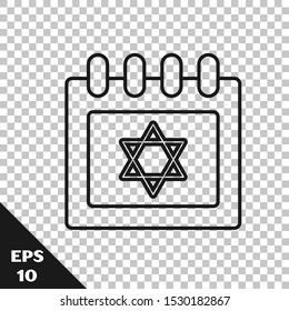 Black line Jewish calendar with star of david icon isolated on transparent background. Hanukkah calendar day.  Vector Illustration