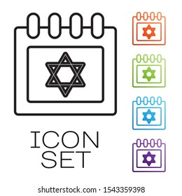 Black line Jewish calendar with star of david icon isolated on white background. Hanukkah calendar day. Set icons colorful. Vector Illustration