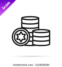 Black line Jewish coin icon isolated on white background. Currency symbol.  Vector Illustration