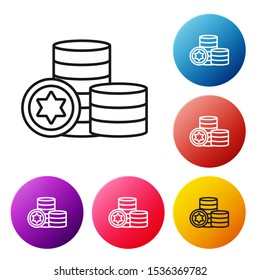 Black line Jewish coin icon isolated on white background. Currency symbol. Set icons colorful circle buttons. Vector Illustration
