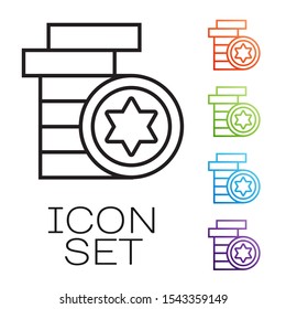 Black line Jewish coin icon isolated on white background. Currency symbol. Set icons colorful. Vector Illustration