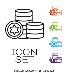 Black line Jewish coin icon isolated on white background. Currency symbol. Set icons colorful. Vector Illustration