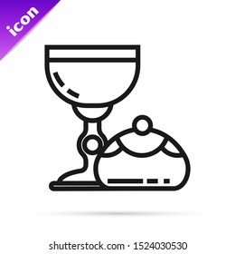 Black line Jewish goblet and hanukkah sufganiyot icon isolated on white background. Jewish sweet bakery. Wine cup for kiddush.  Vector Illustration