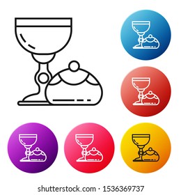 Black line Jewish goblet and hanukkah sufganiyot icon isolated on white background. Jewish sweet bakery. Wine cup for kiddush. Set icons colorful circle buttons. Vector Illustration