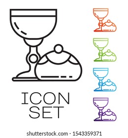 Black line Jewish goblet and hanukkah sufganiyot icon isolated on white background. Jewish sweet bakery. Wine cup for kiddush. Set icons colorful. Vector Illustration
