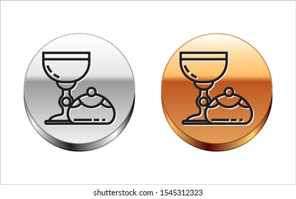 Black line Jewish goblet and hanukkah sufganiyot icon isolated on white background. Jewish sweet bakery. Wine cup for kiddush. Silver-gold circle button. Vector Illustration