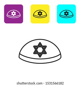 Black line Jewish kippah with star of david icon isolated on white background. Jewish yarmulke hat. Set icons colorful square buttons. Vector Illustration