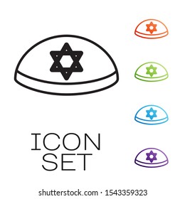 Black line Jewish kippah with star of david icon isolated on white background. Jewish yarmulke hat. Set icons colorful. Vector Illustration