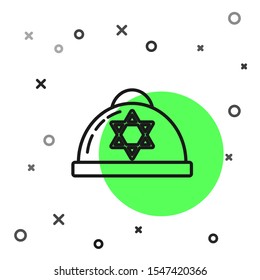 Black line Jewish kippah with star of david icon isolated on white background. Jewish yarmulke hat.  Vector Illustration